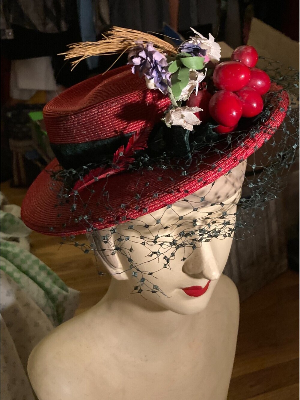 VTG New York Creations 1940s Straw Boater Hat wVeil/Flower Green Velvet Band